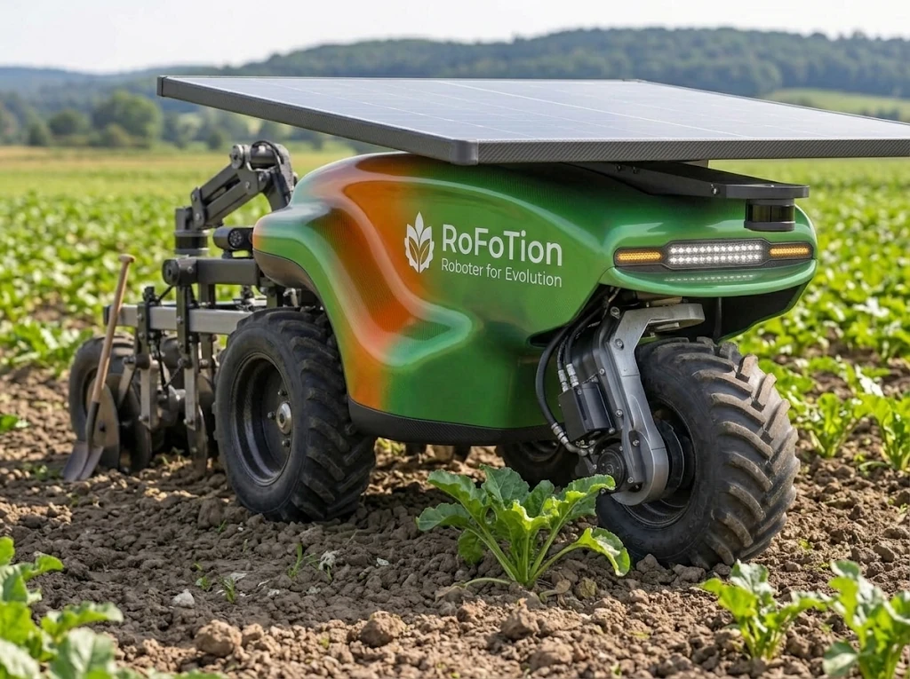 RoFoTion autonomous field robot with a solar canopy working between rows of crops